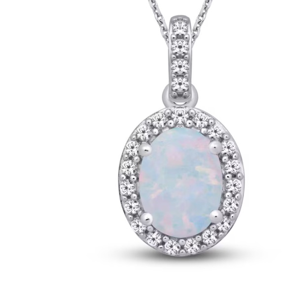 Lab-Created Opal & White Lab-Created Sapphire Necklace Sterling Silver 18" - Picture 2 of 5